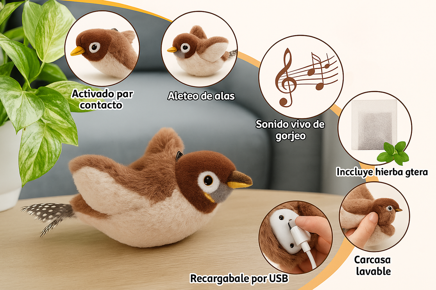 Pájaro Interactivo para Gatos – Sonido, Movimiento y Catnip